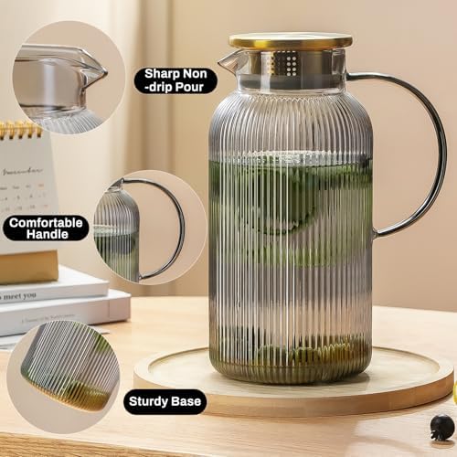 Buaic 2 PACK Glass Pitcher with Lid, 68 oz/ 2L Gray Glass Water Pitcher
