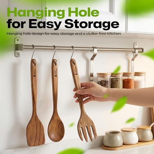 AIUHI Premium Teak Wood Salad Serving Fork, Ergonomic Handle Non-Scratch Wooden Cooking Fork, Durable Kitchen Utensil for Salad Mixing Pasta Tossing and Food Serving