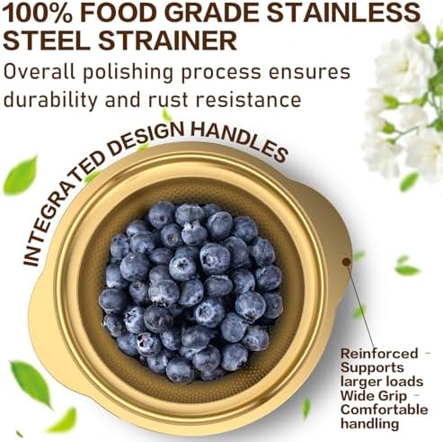 Stainless Steel Strainers for Kitchen, Stainless Steel Colander, Kitchen Strainer for Pasta Fruits Vegetables, 3 Pack Strainers and Colanders(5QT, 3QT, 2QT), Rust-Proof & Dishwasher Safe, Gold