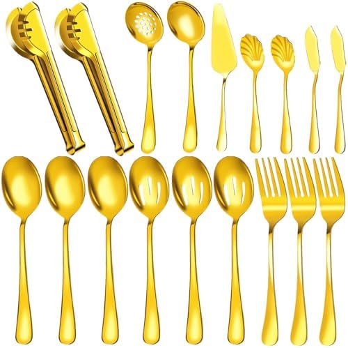 Serving Utensils Set for Buffet, 18 Pack Stainless Steel Serveware, Gold