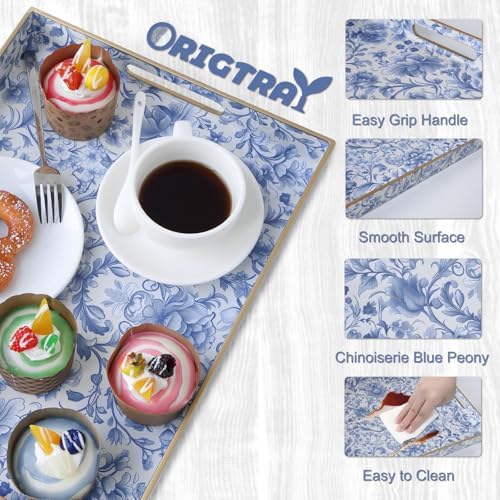 Serving Tray with Handles, 2 Pack Rectangular Plastic Tray 15.75x11.81 Inch, Blue and White Peony Chinese Porcelain Style Decorative Tray for Kitchen, Dining Table, Vanity, Office & Home