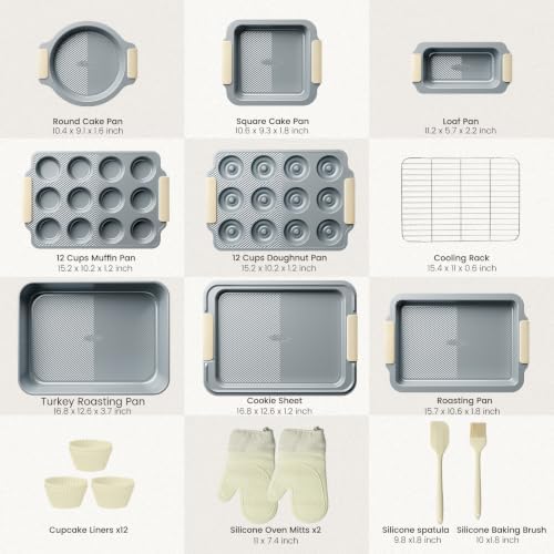 Kikcoin 25-Piece Nonstick Baking Pans Set with Large Turkey Roasting Pan, Stackable Bakeware Set, 450°F Oven Safe Baking Sheet Set with Silicone Handles, Carbon Steel Cookie Sheets for Baking, Cream