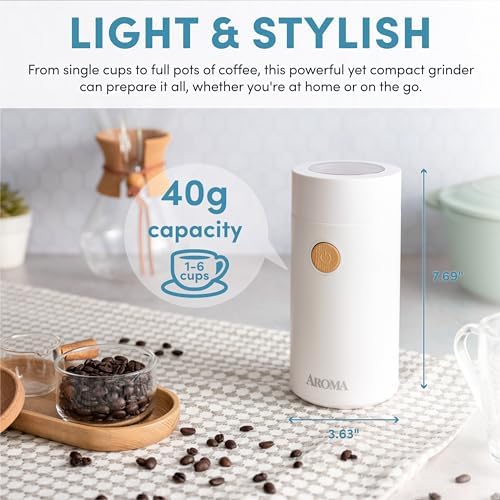 Aroma Housewares Mini Coffee Grinder and Electric Herb Grinder with 304 Stainless Steel Grinding Blades and a Premium Clear Lid (40 g.), White