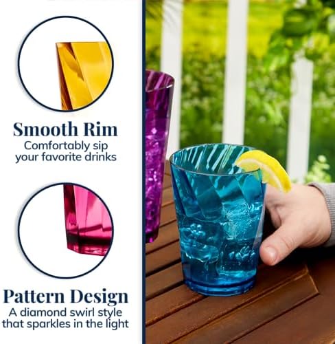US Acrylic Optix Plastic Reusable Drinking Glasses (Set of 16) 14oz Rocks & 20oz Water Cups in Jewel Tone Colors | BPA-Free Tumblers, Made in USA | Top-Rack Dishwasher Safe