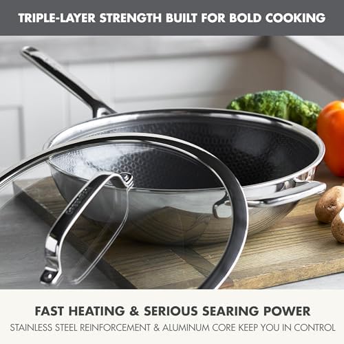 GreenPan Spectra 12" Wok Pan with Lid, Hybrid Tri-Ply Stainless Steel, PFAS-Free Ceramic Nonstick Textured Cooking Surface, Induction Cookware, Dishwasher Safe, Oven & Broiler Temp to 850˚F