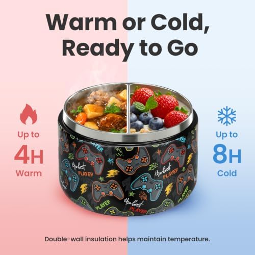 Pawtong 12oz Insulated Vacuum Food Jar with Buckle Lid Wide Mouth Soup Thermo for Hot Food Kids Leakproof Stainless Steel Lunch Container (Black-Game)