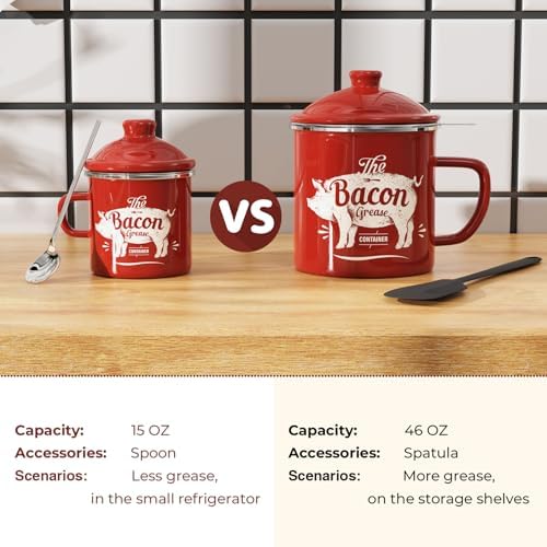 Bacon Grease Container with Strainer-15OZ Enamel Saver, Dishwasher Safe