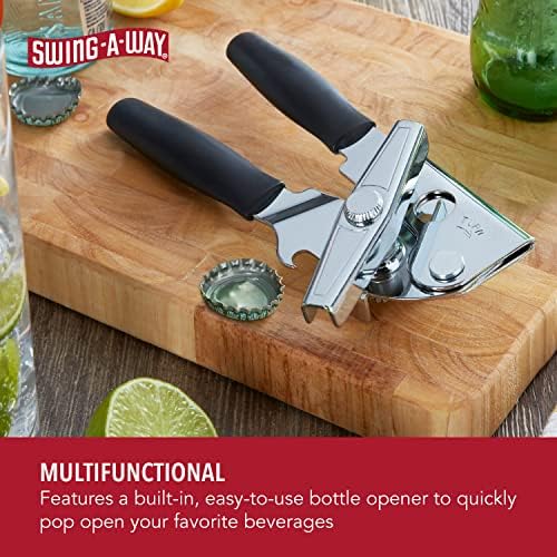 Swing-A-Way Portable Can Opener, Features an Ergonimic Handle for Optimal Comfort, and Built-in Bottle Opener for a 2-in-1 Tool, Durable Cutting Wheel, Black