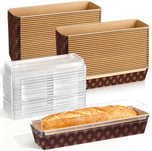 Sabary 50 Pcs Paper Baking Loaf Pan with Lids Disposable Paper Pans Mold for Christmas Winter Birthday Cake Bread Bakery Holiday Gifts(10.24 x 2.56 x 1.97 Inches)