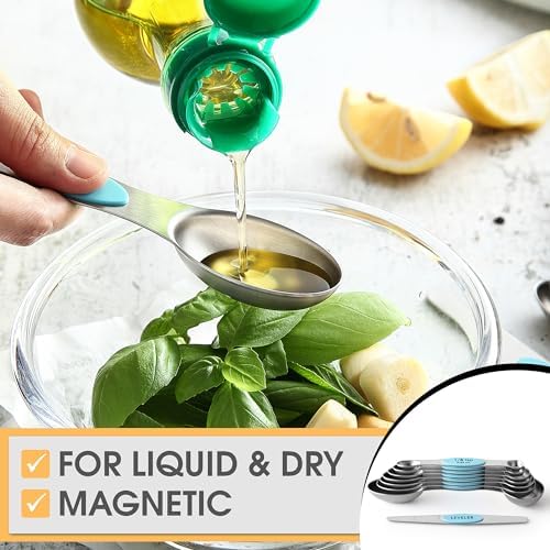 Spring Chef Stainless Steel 8 Magnetic Measuring Spoons, 2 Pack, Aqua Sky