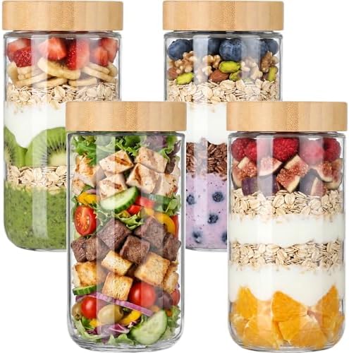 Vtopmart 4 Pack 24oz Glass Overnight Oats Containers with Bamboo Lids