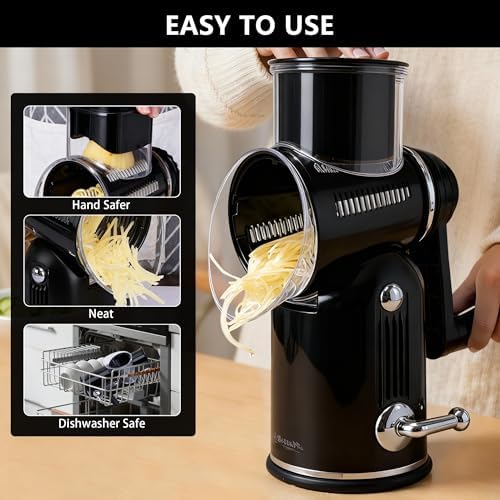 Rotary Cheese Grater with Handle, 5-Blade Cheese Shredder, BPA-Free (Black)