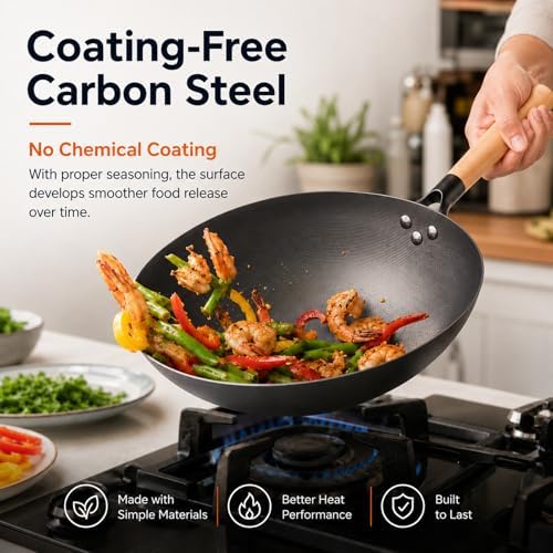 12.6" Carbon Steel Wok Pan, Flat Bottom Stir Fry Wok with Spiral Thread Interior, Coating‑Free Naturally Seasoning Wok, Compatible with Gas, Electric & Induction Cooktops