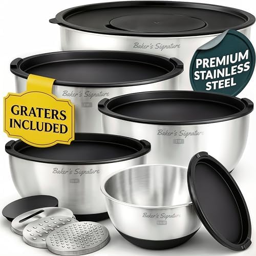 Stainless Steel Mixing Bowls with Lids Set of 5, 3 Graters, Black