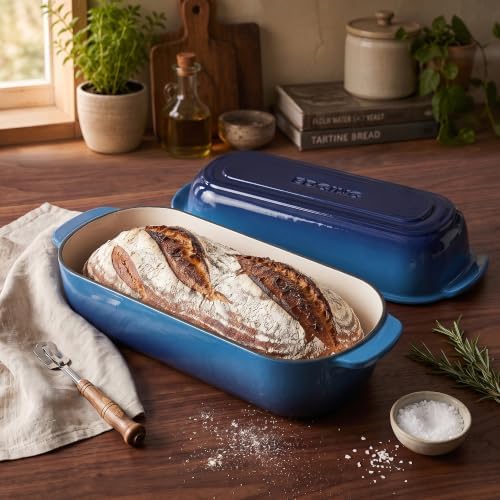 EDGING CASTING Enameled Cast Iron Loaf Pan with Lid, Bread pan, Dutch Oven Bread pan for Homemade Sourdough Bread Baking, 12.5x5.5 inch, 5qt, Lake Blue