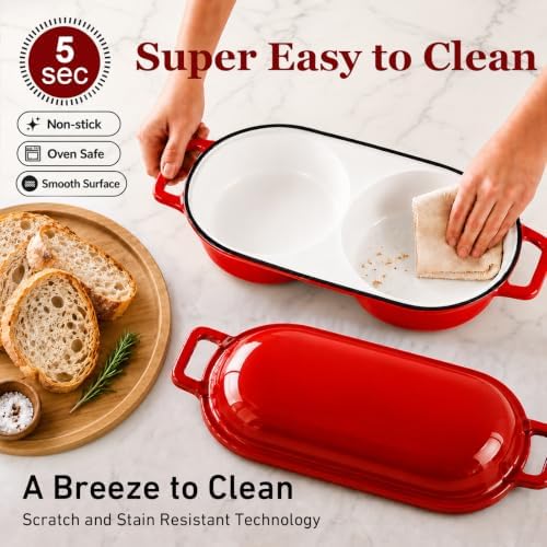 Double Dutch Oven for Sourdough Bread Baking,2.2QT Enameled Cast Iron Dutch Oven Pot with Lid,500°F Oven Safe Non Stick Bread Loaf Pan,Sourdough Baking Pan for Homemade Baking（red）