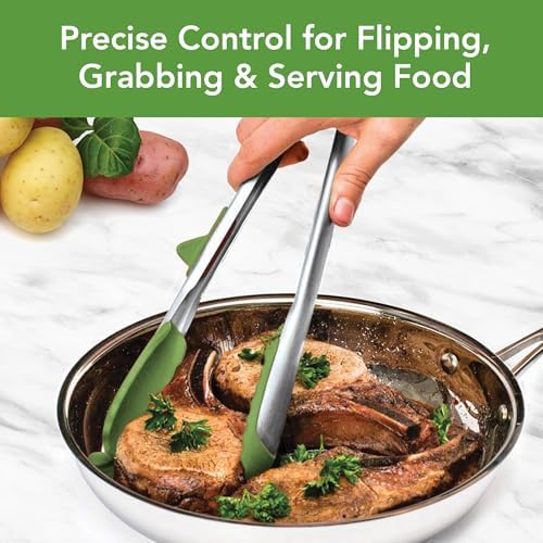 Tovolo Tongs With Silicone Tips Easy Grip 13” Long Kitchen Tongs Stainless Steel Handle For Cooking, Non Scratch Heat Resistant Locking Tongs Silicone Tipped Dishwasher Safe BPA Free, Pesto Green