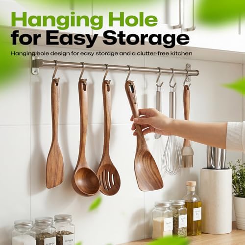 AIUHI Teak Cooking Spatula, Thick Wooden Spatula for Cooking, Deep Scoop Non-Stick Safe Heat Resistant Solid Teak Wooden Spatula for Kitchen Daily Use