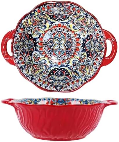 2 Pack Boho Ceramic Serving Bowls with Handles, 40 Oz Porcelain Salad Bowls, Large Serving Dishes for Entertaining, Mixing Bowls for Soup, Stew, Pasta, Cereal, Colorful Embossed Cute Bowls Set SH