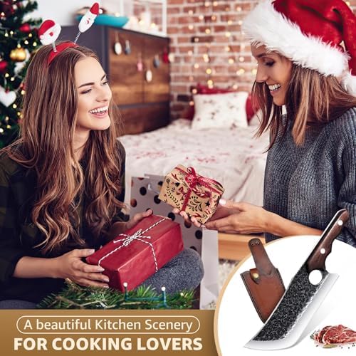 DRGSKL Hand Forged Meat Cleaver Knife with Belt Sheath and Gift Box