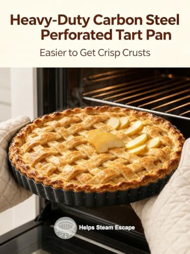 10 Inch Perforated Quiche Pan for Crispy Crust. Removable Bottom, Non-Stick Coating, Rugged Carbon Steel Dish for Tart Quiche Pie Baking. Gift for Christmas Thanksgiving Party