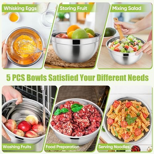 P&P CHEF Metal Mixing Bowls with Lids Set, Airtight Lids & Red