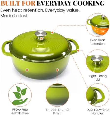 Sweetcrispy 6 Qt Enameled Cast Iron Dutch Oven Pot with Lid, Green