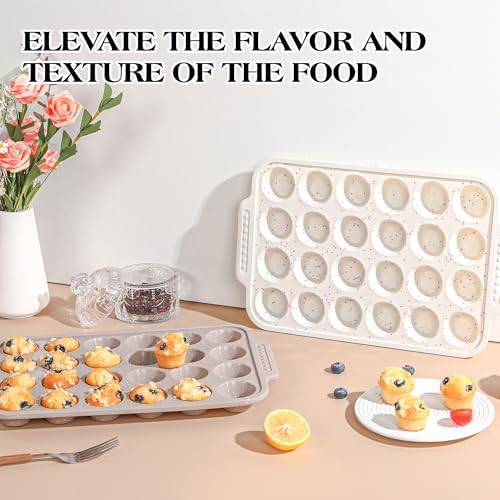 2 Pcs Silicone Muffin Pans for Baking with Metal Reinforced Frame, Nonstick Cupcake Tray for Oven, 24 Cups Mini Size Silicone Molds for Egg Bites, Dishwasher Safe (Brown, Cream)