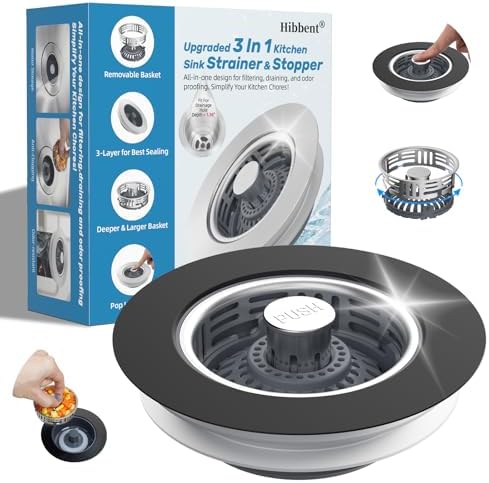 Hibbent 3 in 1 Kitchen Sink Drain Strainer, Stainless Steel Pop Up Stopper