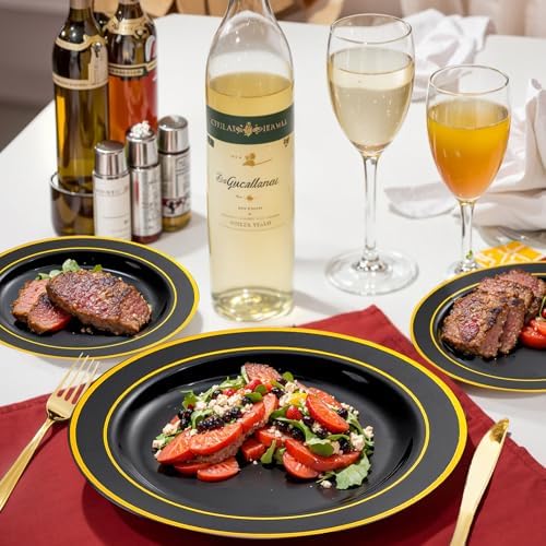 bUCLA 100 Pieces Black and Gold Plastic Dinner Plates - 10.25 inch Black Disposable Plates with Gold Rim - Ideal for Party, Graduation & New Year