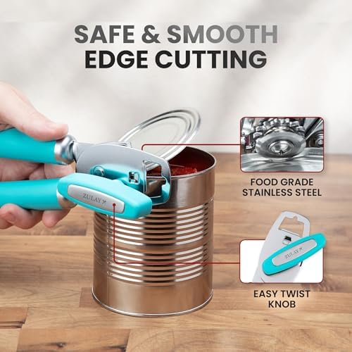 Zulay Kitchen Manual Can Opener Heavy Duty Patented Stainless Steel, Aqua