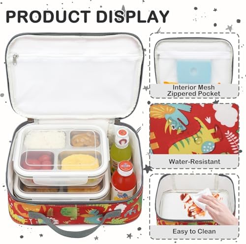 FlowFly Kids Lunch box Insulated Soft Bag Mini Cooler Back to School Thermal Meal Tote Kit for Girls, Boys,Dinosaur&Coconut