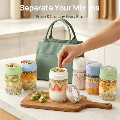 Vtopmart 6 Pack 16oz Glass Overnight Oats Container with Spoon, Compartment