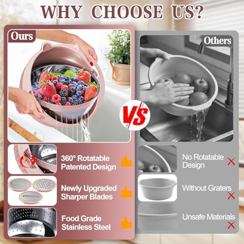 4-1 Strainer Bowl with Lid Set - Strainers and Colanders, Colander for Kitchen, Pasta Strainer, Fruit Cleaner, Veggie Wash, Funny Kitchen Present, Fruit Washing Bowl, Cooking Present for Women - Pink