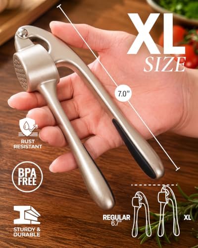 Zulay Kitchen Large Premium Garlic Press Set - Bigger Bowl for Bigger Garlic - Rust Proof Garlic Mincer Tool - Easy-Squeeze, Easy-Clean Silicone Garlic Peeler & Brush (Silver)