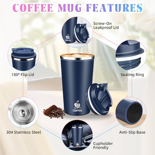 17oz Insulated Travel Coffee Mug with Flip Lid – Leakproof Stainless Steel Insulated Coffee Tumblers, Reusable Coffee Cup for Hot & Cold Drinks, Perfect for Camping & On-the-Go
