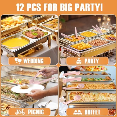 Reusable Plastic Serving Utensils Set of 12, Wheat straw Large Serving set 10" Serving Spoons/10" Slotted Spoons/9.4" Tongs, for Party Buffet Catering (Pink, Not for Cooking)