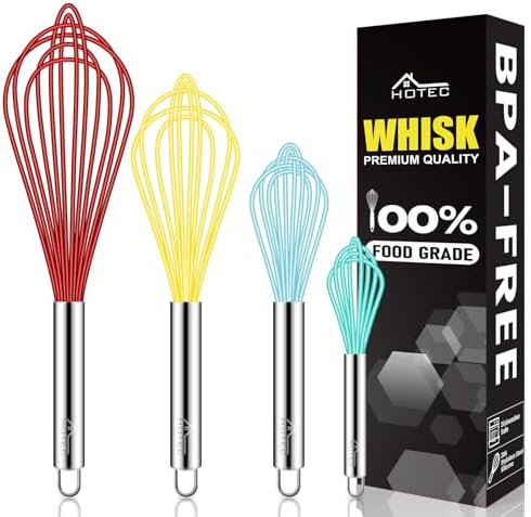 HOTEC 4 Pieces Silicone Whisks Set, Wire Balloon Whisks for cooking Egg Beater, Non-slip Handle Whisk for Non-stick Cookware Perfect for Cooking, Stirring, Beating and Blending (Multicolor)