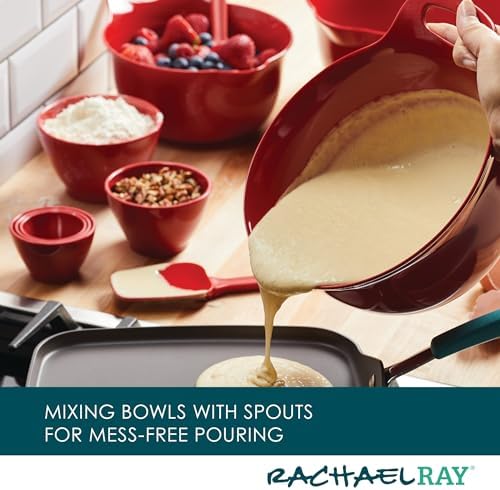 Rachael Ray Pantryware Nesting Mixing Bowls with Built-in spouts and Handles and Measuring Cups For Space-saving storage, Utensil Set, Dishwasher Safe, 10 Piece, Red