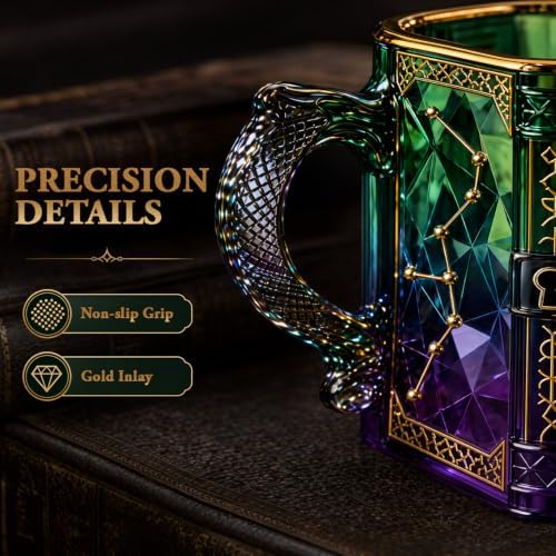FACE N FACE Zodiac Glass Mug, 8 oz Celestial Constellation Coffee & Tea Cup with Dragon Scale Handle, Green Purple Astrology Mug, Witchy Magic Cup for Halloween Christmas Gift