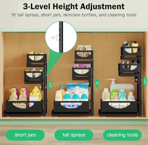 Under Sink Organizer, 2-Pack 3-Tier Pull Out Cabinet Organizers and Storage