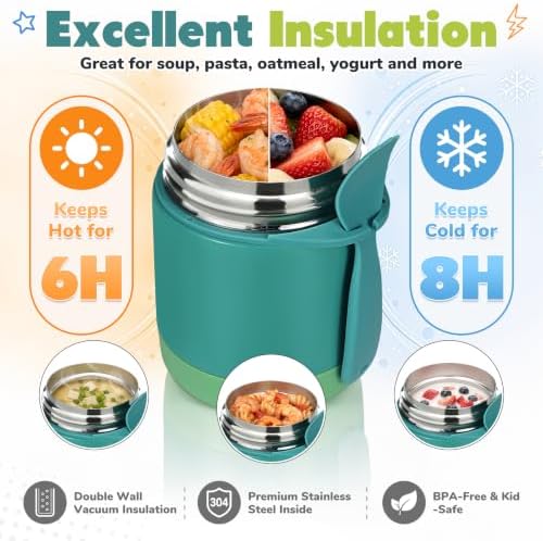 10oz Soup Thermo for Hot Food Kids,Lunch Thermo Kids Food Jar with Spoon Hot Insulated Food Containers,Leak Proof Stainless Steel Wide Mouth Lunch Thermo Jar for School(Green)