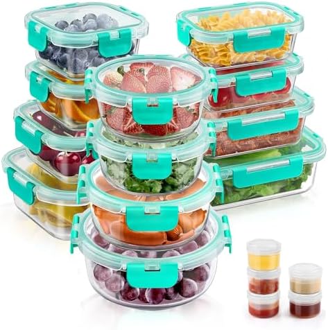 34pcs Glass Food Storage Containers with Lids Set, Airtight Glass Meal Prep Containers (17 Containers & 17 Lids), Leak Proof Lunch Container BPA-Free, Microwave, Oven, Freezer, Dishwasher Safe-Green