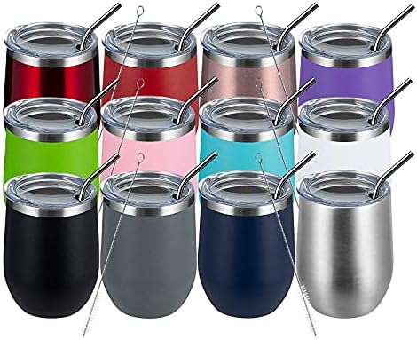 MEWAY 12oz Wine Tumbler Mix Color 12 Pack Bulk Gifts for Women, Vacuum Stainless Steel Travel Mug with Lid,Insulated Stemless Wine Cup Glass for Coffee,Cocktails,Drinks(Mix,Set of 12)