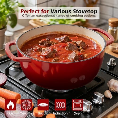 Umite Chef 6QT Enameled Cast Iron Dutch Oven with Lid, Versatile Heavy-Duty Cookware Pot for Baking Bread, Braising, Soups & Stews, Oven & Stovetop Safe with Heat Resistant Gloves（Red）