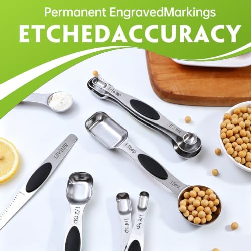 Measuring Spoons,Magnetic Measuring Spoons Set,304 Stainless Steel 7 Double Side Measuring Spoons Set and 1 Leveler with Strong N45 Magnetss,Heavy Duty Metal Kitchen Gadgets for Baking & Cooking