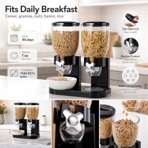 QWORK Double Dry Food Dispenser, 17.5Oz Capacity Each, Dry Cereal Grain Dispenser, Keeps Ingredients Fresh