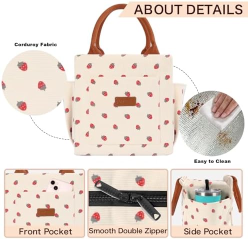 Joymee Lunch Bag Women Insulated Reusable Lunch Box- Corduroy Strawberry