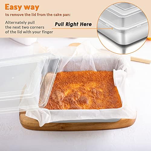 E-far 8 x 8-Inch Square Baking Pan with Lid, Stainless Steel Square Cake Brownie Pan, Fit for Toaster Oven, Non-toxic & Healthy, Easy Storage & Dishwasher Safe - 2 Pieces