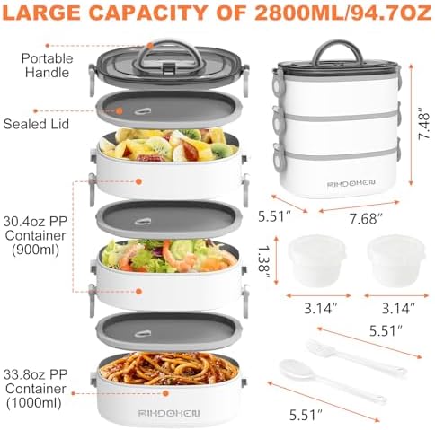 RIKDOKEN Lunch Box, Stackable 3 Layers Containers, Portable 94OZ Large Capacity Leakproof Bento Box with Spoon & Fork & Sauce Boxes, Microwave Safe Lunch Box for Kids and Adults